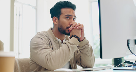 Image showing Computer, headache and face of businessman stress over bad investment, stock market crash or financial economy crisis. Burnout, migraine and crypto trader with forex, bitcoin or NFT trading mistake