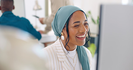 Image showing Video call, computer and laughing Islamic woman talking, speaking and chat to online business contact. Communication, funny conversation and Muslim employee discussion, networking and laugh at joke