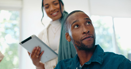 Image showing Success, applause and feedback, man in office at creative startup business with proud team. Congratulations, cheering and support for winner target achievement with employees clapping hands at desk.