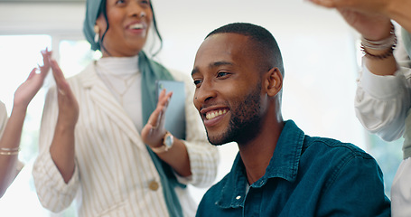 Image showing Success, applause and feedback, man in office at creative startup business with proud team. Congratulations, cheering and support for winner target achievement with employees clapping hands at desk.