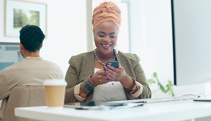 Image showing Business phone, office and black woman laughing at funny meme, joke or comedy on social media. Comic, cellphone and female employee with mobile smartphone laugh at online humor while web browsing.