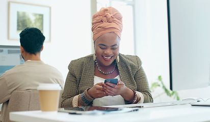 Image showing Business phone, office and black woman laughing at funny meme, joke or comedy on social media. Comic, cellphone and female employee with mobile smartphone laugh at online humor while web browsing.