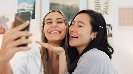 Image showing Friends taking selfie with a phone on the wedding morning preparing for the day together in room. Event, smile and happy bride showing her ring while taking picture with her best friend on smartphone