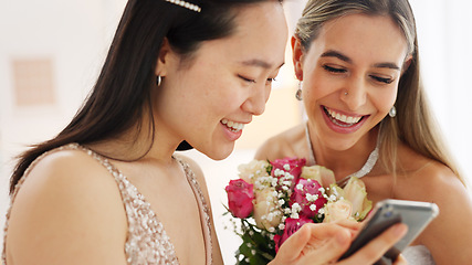 Image showing Wedding, phone and women on social media app reading notification, chat app and happy with digital gallery. Asian girl or bride friends on internet with smartphone to scroll and review online post