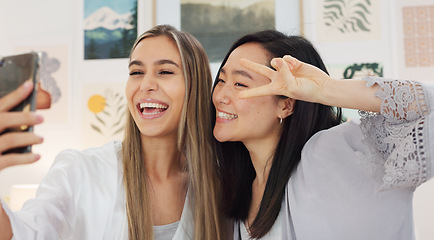 Image showing Friends taking selfie with a phone on the wedding morning preparing for the day together in room. Event, smile and happy bride showing her ring while taking picture with her best friend on smartphone