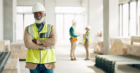 Image showing Senior black man, architect and business construction with crossed arms for building industry on site. Portrait of a confident elderly African male engineer, builder or architecture at the workshop