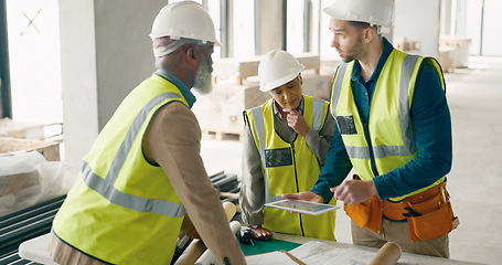 Image showing Communication, management and construction worker team for collaboration and building renovation teamwork on a tablet software app. Industry civil engineering contractor meeting planning development