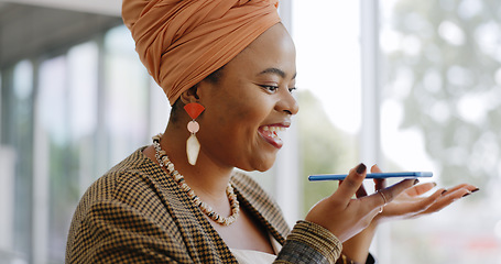 Image showing Black woman, face and phone call, speaker phone and communication with networking, negotiation and virtual meeting. Business woman, professional with smartphone for corporate call or telemarketing.