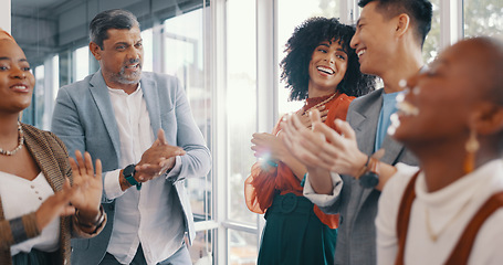 Image showing Celebration applause, diversity team or business people clapping for collaboration achievement, profit success or promotion. Support, congratulations and excited employee group happy for sales profit