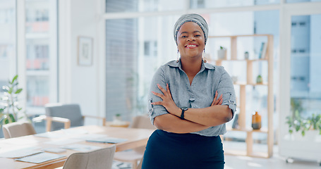 Image showing Black woman, business leadership and happy portrait of worker, management and empowerment for company, vision and goals in office. Smile, manager and arms crossed with motivation in Nigeria startup