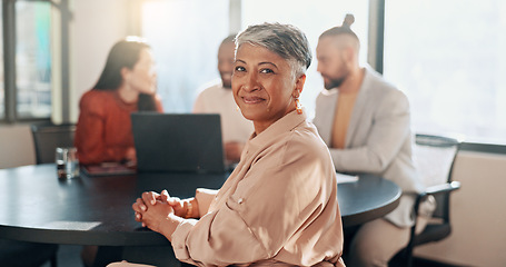 Image showing Happy woman, portrait and business meeting with team, management and staff in office for workshop, partnership and startup success. Smile, motivation and mature manager in collaboration with workers