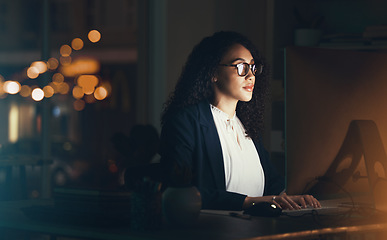 Image showing Office, business and black woman on computer for research, project management and online at night. Corporate manager, vision and female worker working late on strategy, planning and reading website