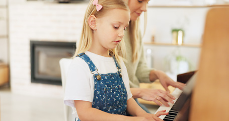 Image showing Music development, girl learning piano and musical note education from mom in the home living room. A child musician playing keys, learn creative audio art and fun concert performance in family house