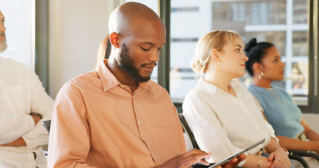 Image showing Diversity, seminar audience and businessman with tablet working on notes, conference event or learning in data tech workshop. Coaching, marketing presentation and business people or team listening