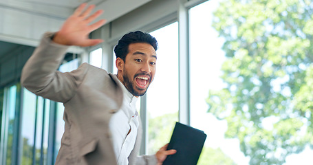 Image showing Businessman, success and good news email in office building, celebration and victory dance on digital tablet. Wow, promotion and young entrepreneur with loan approval, proposal or bonus notification