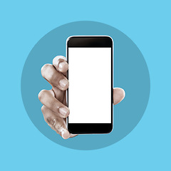 Image showing Hands, phone and screen on mockup for marketing, advertising or branding logo against studio background. Hand of person holding smartphone with mock up display for social media or advertisement