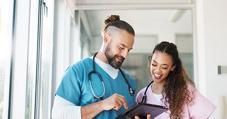 Image showing Medical nurse, surgeon and healthcare tablet with a team talking, planning and communication about surgery. Man and woman hospital staff meeting using technology for results, innovation and medicine