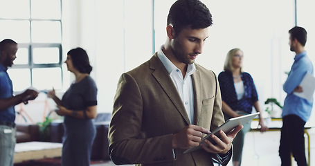 Image showing Tablet, scroll or business man reading social network research, customer experience feedback or ecommerce data. Brand monitoring, online app database or media worker review of online survey analytics