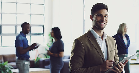 Image showing Man, tablet and portrait of leader in startup business planning, idea or vision at the office. Happy male designer with touchscreen and smile for leadership, project management or company goals