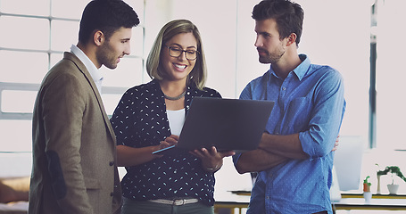 Image showing Laptop, teamwork collaboration and happy business people consulting on social network, customer experience or ecommerce. Brand monitoring, website feedback and media team review of online survey data