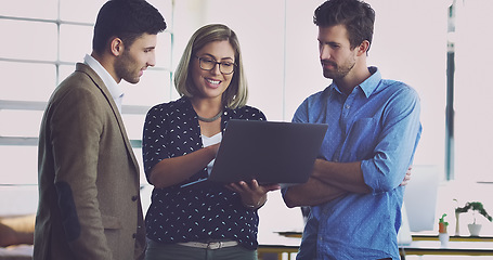 Image showing Laptop, collaboration and happy business people consulting on social network, customer experience or ecommerce. Brand monitoring teamwork, website feedback and media team review of online survey data