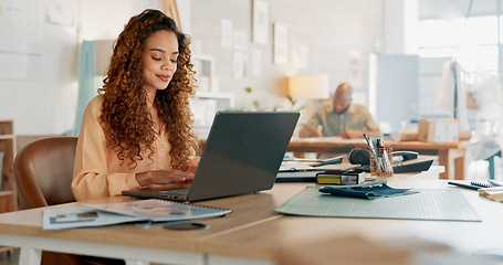 Image showing Startup black woman, laptop or documents for research, data analysis or planning creative marketing strategy for KPI growth. Tech, networking or website search for SEO analytics or corporate report