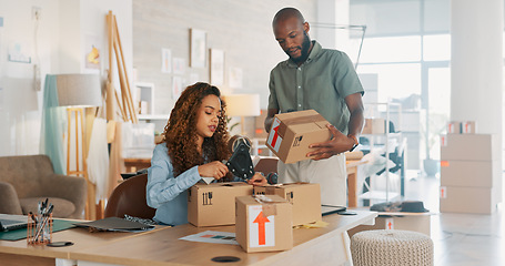 Image showing Man, woman and tablet for online shopping logistics, e commerce shipping boxes or retail shopping ecommerce. Technology, small business and product delivery management for talking black man and woman