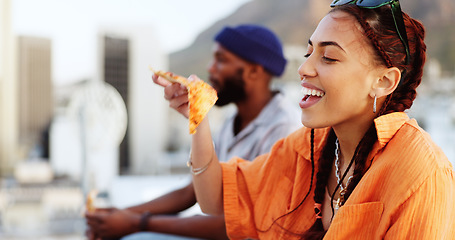 Image showing Pizza, rooftop and friends eating outdoor with cityscape for urban, gen z and youth lifestyle food. Happy, relax and hungry black people or woman and man with fast food and city buildings location