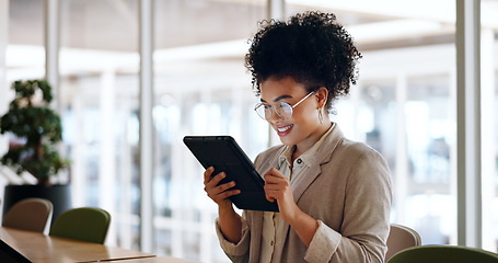 Image showing Tablet, black woman and business marketing, social media update or networking with smile. Website, company blog or online communication, office worker with glasses smile for digital strategy success