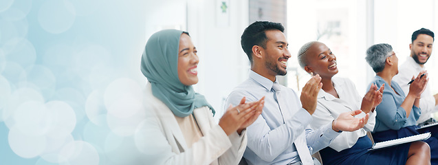 Image showing Diversity, business people and applause presentation, employee support and happiness in office. Interracial teamwork, clapping hands and audience smile for workshop achievement or goals celebration