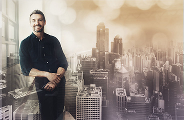 Image showing Businessman, portrait smile and city with vision for career ambition, goals or success in double exposure. Male architect employee smiling for planning, idea or architecture buildings on overlay