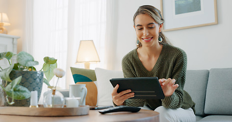 Image showing Woman, digital tablet and living room app, typing and reading ebook, online shopping and 5g multimedia technology on sofa home lounge. Relax girl on social media, internet website and wifi connection