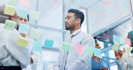 Image showing Meeting, collaboration and sticky notes with a business man training a team while planning strategy on glass in an office. Teamwork, diversity and workshop with a man and woman employee group at work