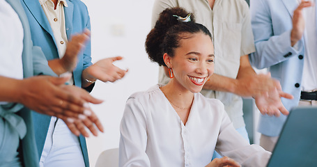 Image showing Clapping, laptop and winner woman in office success, congratulations and celebration of company target sales. Achievement, goals and applause worker, employee or person promotion, news or opportunity