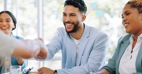 Image showing Handshake, partnership and business people in meeting, job interview and success in hiring process. Recruitment, collaboration and man shaking hands for networking, onboarding and welcome in office