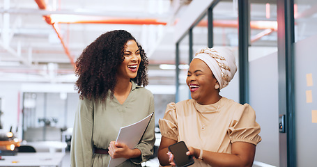 Image showing Black women, laughing or walking with business technology, paper or documents in modern office, coworking space or marketing company. Smile, happy or comic creative designers bonding in slow motion