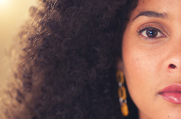 Image showing Intense first responder and medical staff member looking concerned about trauma. Closeup face and portrait of worried black healthcare professional. Young woman thinking about serious sad memories