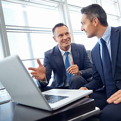 Image showing Laptop, corporate businessman and client negotiation strategy, financial advisor and collaboration on investment ideas. Professional business people, communication and management on company software