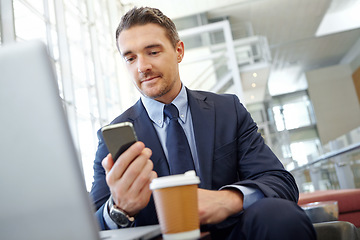 Image showing Businessman, reading on smartphone with communication and technology, notification on social media or email. Executive male and business contact, networking and ceo in corporate lounge