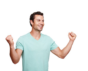 Image showing Happy, cheerful and man in celebration for winning, discount or goal against a white studio background. Isolated male model winner with smile celebrating win, sale or achievement on mockup