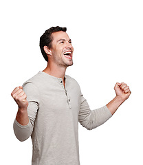 Image showing Happy, excited man and celebration for winning, discount or goal against a white studio background. Isolated male model winner with smile celebrating win, sale or achievement on mockup