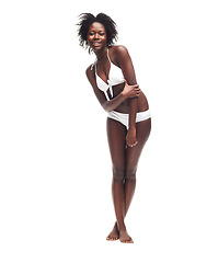 Image showing Portrait, beauty and underwear with a model black woman in studio isolated on a white background. Bikini, skin and wellness with a sexy female posing to promote body positivity or natural care