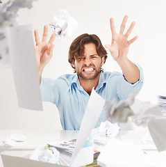 Image showing Angry, stress and businessman throw crumpled paper for brainstorming, thinking of ideas and strategy. Corporate worker, burnout and frustrated employee with mess of documents, paperwork and notes