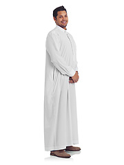 Image showing Islamic, muslim and happy man portrait with a islam thobe with a smile about religion and faith. White background, isolated and arabic person smiling with happiness and culture in a studio alone