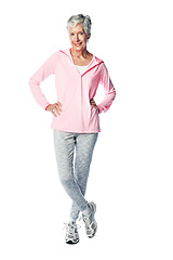 Image showing Exercise, fitness and old woman portrait for health and wellness in studio with a healthy lifestyle. Body of happy senior female isolated on a white background for fashion, energy and to lose weight