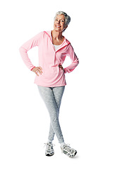 Image showing Portrait, exercise and a senior woman in studio isolated full body on a white background for lifestyle. Fitness, health and active seniors with a mature female posing to promote wellness or training
