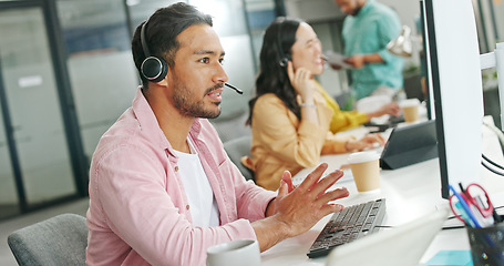 Image showing CRM, customer service or consultant business man with life insurance telemarketing, help or communication. Tech sales advisor, call center or employee for contact us, consulting or customer support