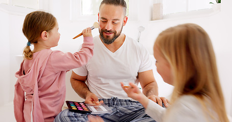 Image showing Father makeup face, playing children for happy bonding together and morning sitting in home bathroom. Dad girl kids, comic cosmetics game with kids smile for funny foundation for facial man in house