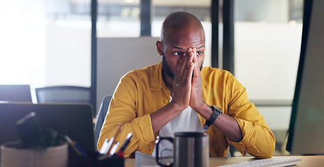 Image showing Burnout, headache or black man yawn in office on computer working on planning, research or marketing idea. Stress, employee or sleepy businessman tired with anxiety or confused and depression at desk