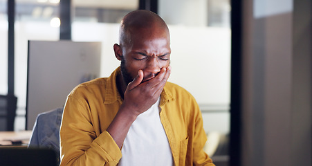Image showing Burnout, tired or black man yawn in office on computer fatigue from planning, research or marketing idea. Exhausted, employee or sleepy businessman at desk work tired, mental health or overworked